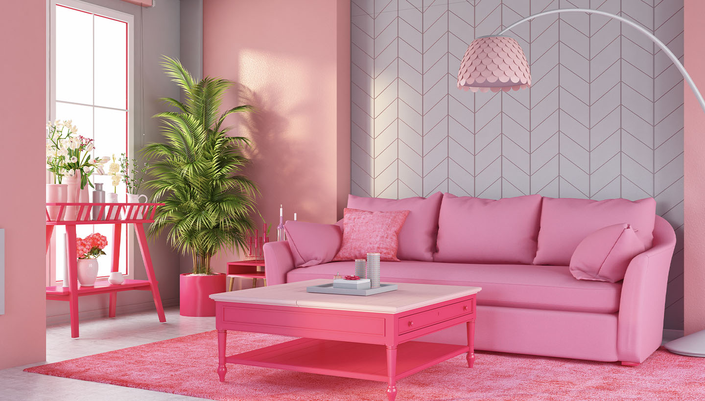 1-BarbieMalibuDreamHouseInspection-1440×820 Picture from inspecting the Barbie Dreamhouse. A pink room with a pink sofa and table