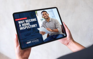 Hands holding a tablet, displaying an Ebook titled "Why Become a Home Inspector?"