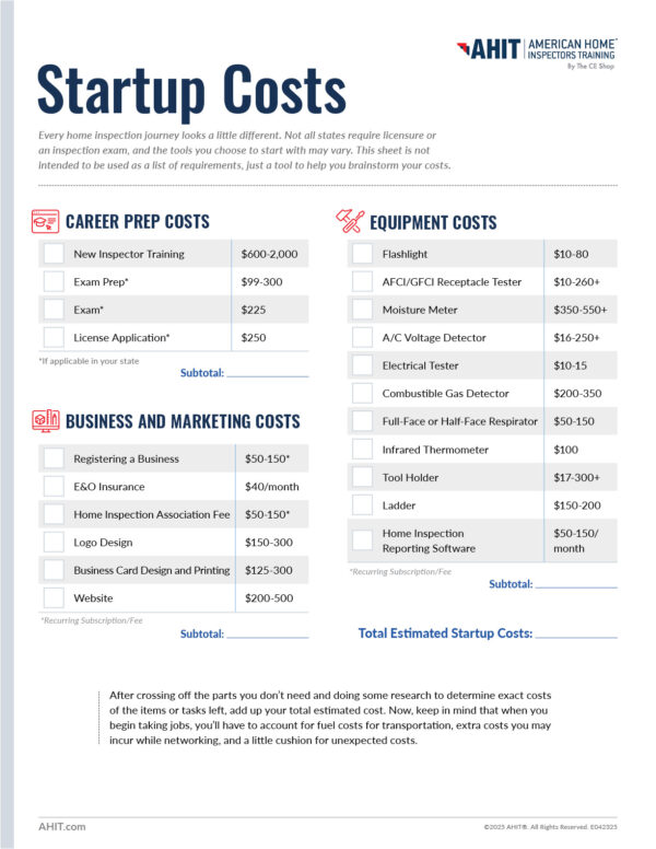 AHIT home inspection business startup costs checklist
